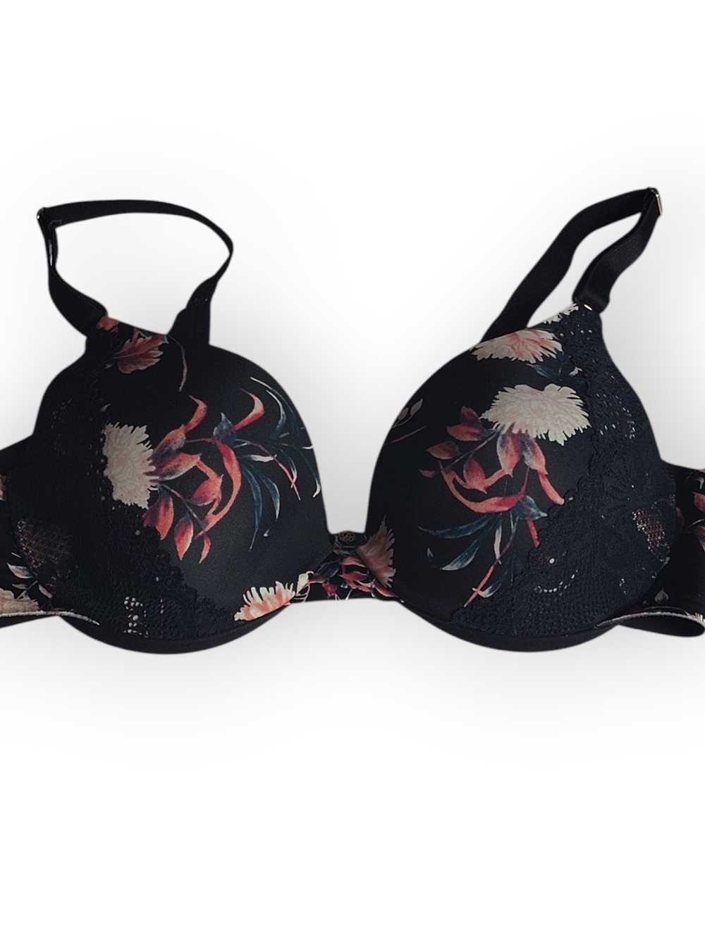 La Vie En Rose Black Floral Push-Up Bra with Pink & Cream Accents